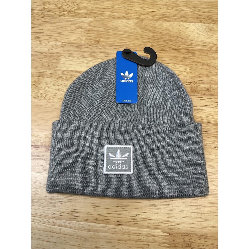 Adidas Originals Beanie Hat Cap Gray White Tall Fit One Size